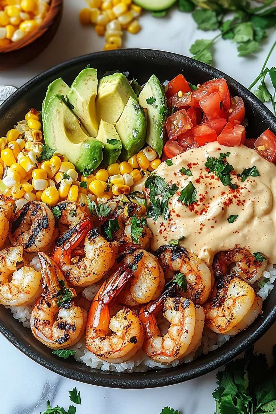 Grilled Shrimp Bowl with Avocado, Corn Salsa & Creamy Sauce – My Food Plans