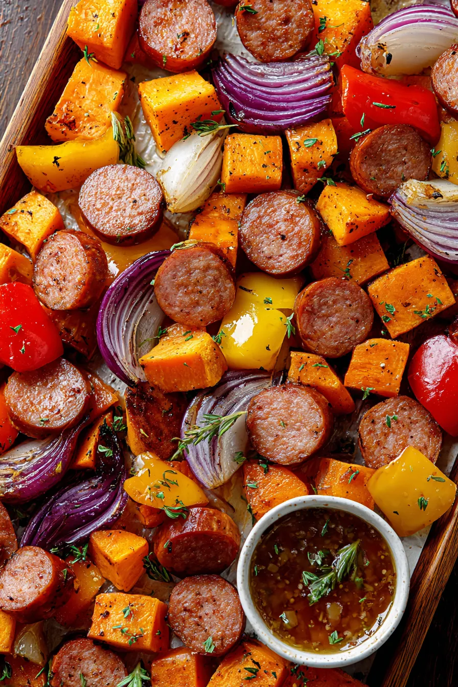 Sheet Pan Sausage and Sweet Potatoes with Honey Garlic Sauce – My Food Plans
