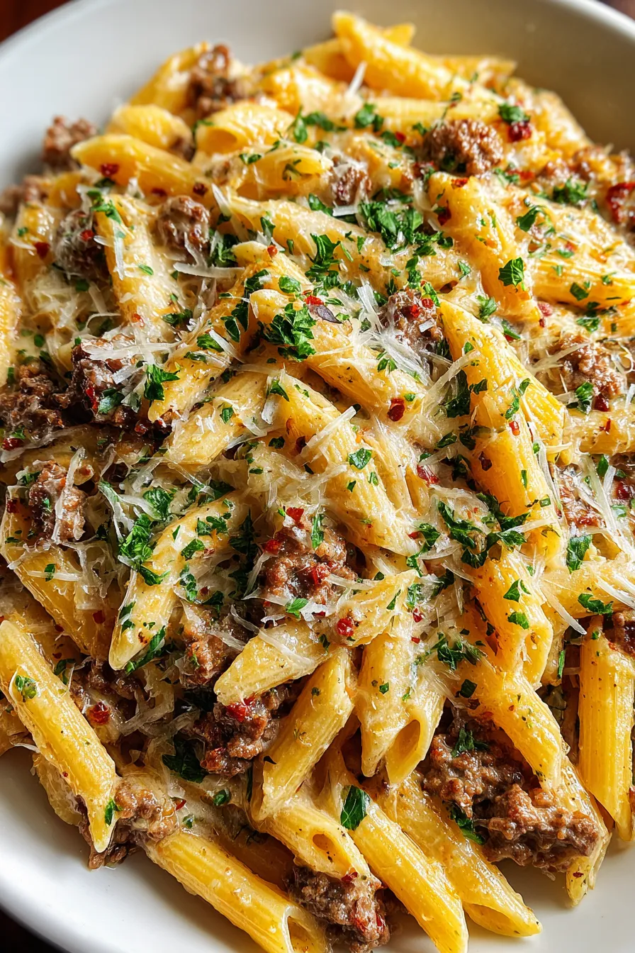 Cheesy Penne with Garlic Butter Ground Beef – My Food Plans